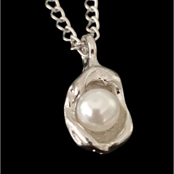 Whimsical Egg in a Nest Pendant Necklace - Silver Tone with Faux Pearl - Picture 3 of 10